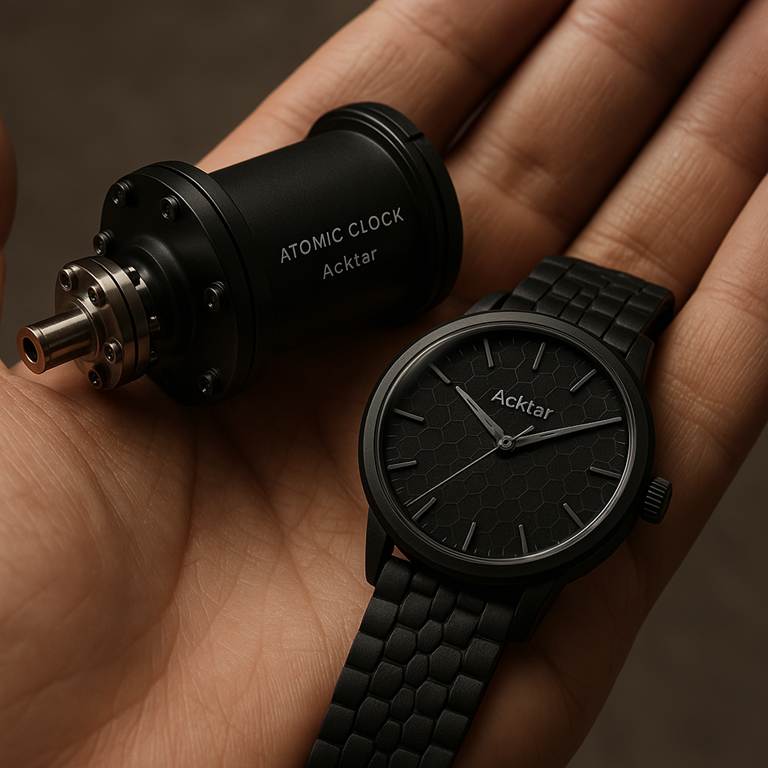 An atomic clock and a standard wristwatch, both featuring Acktar’s ultra-black coating to enhance visual depth and suppress unwanted reflections